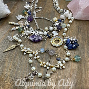 Maximalist fluorite Lapis Lazuli  layered charms boho beaded necklace
